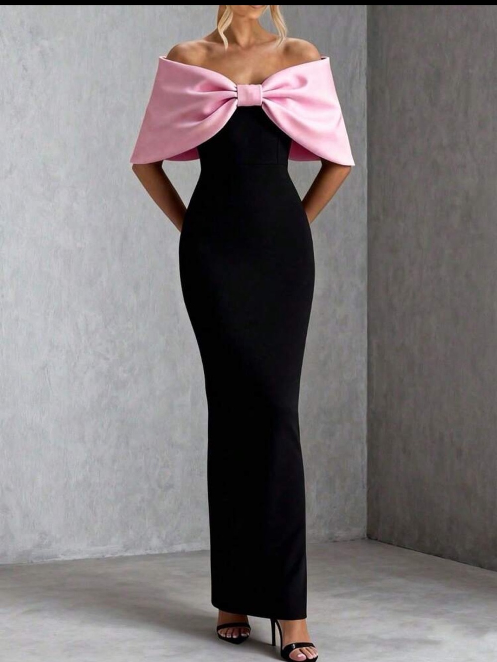 Elegant Black Maxi Skirt with Pink Off-Shoulder Overlay